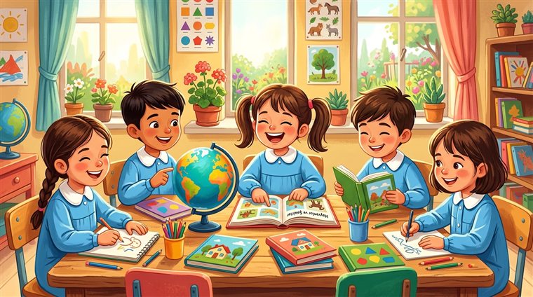 Mavi önlüklü çocuklarla kitap ve eğitim materyali paylaşımı