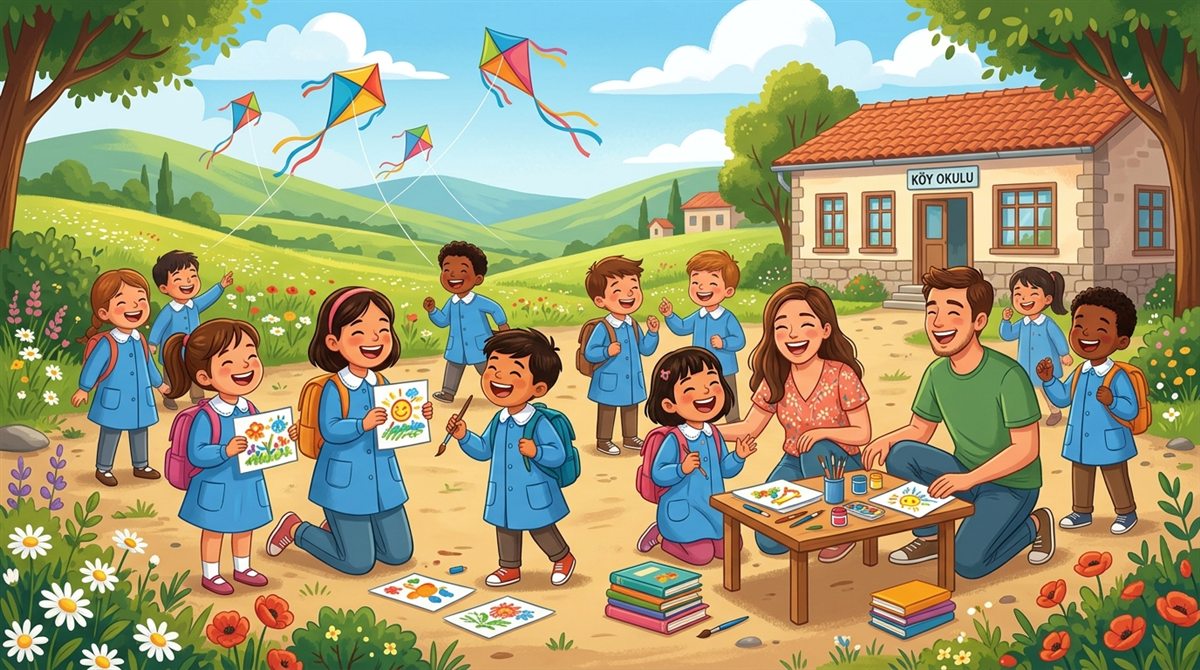 Mavi önlüklü çocuklarla köy okulunda resim, kitap ve uçurtma etkinliği